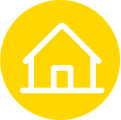 Yellow circular icon featuring a white house, symbolizing student accommodation support.