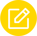 Yellow circular icon showing a white pen and notebook, representing application management services.
