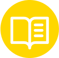 Yellow circular icon featuring an open white book, indicating standardized test preparation.