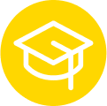  Yellow circular icon with a white graduation cap, denoting university research and selection help.