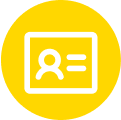 Yellow circular icon with a white ID card, representing visa application support.