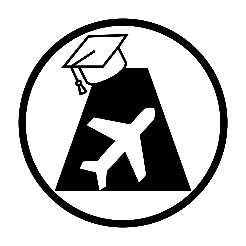 Logo of Alumni Abroad showing an airplane on a runway with a graduation cap, symbolizing global education and student travel.