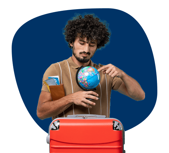 Curious student holding a globe with a passport and suitcase, symbolizing international education and travel.