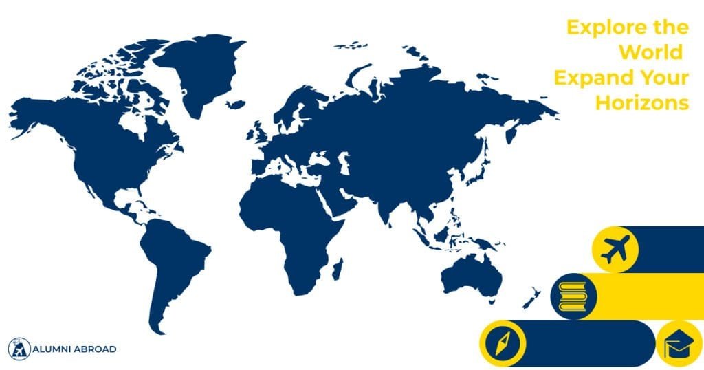 A world map graphic illustrating a global university selection strategy by Alumni Abroad.
